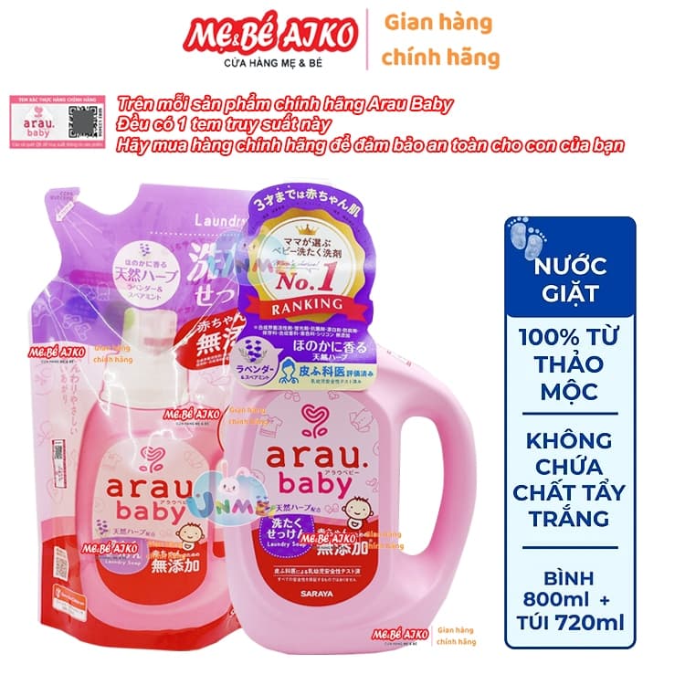 Combo Chai Và Túi Nước Giặt Thảo Mộc Arau Baby (Chai 800ml + Túi 720ml)