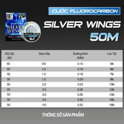 Cước Silver Wings 50m MADE IN JAPAN làm thẻo câu đài, trục và leader chống sốc câu lure cao cấp Flurocacbon n 8