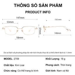 Gọng kính cận thời trang nữ NARO EYEWEAR dáng chữ nhật phong cách trendy chất liệu kim loại - 2709 9