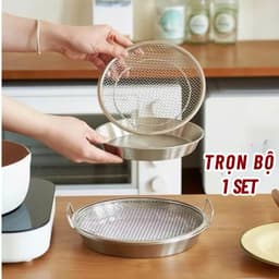 SET KHAY (ĐĨA) KÈM VỈ LƯỚI LỌC DẦU CHẤT LIỆU INOX 304 CAO CẤP, SIZE 20-22cm , DÙNG ĐỰNG THỰC PHẨM TIỆN DỤNG CHO NHÀ BẾP 3