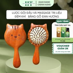 Lược đệm khí chuôi gỗ hình mèo dễ thương dùng massage da đầu và gỡ rối tóc | MỸ NGHỆ DƯỠNG SINH HT 1