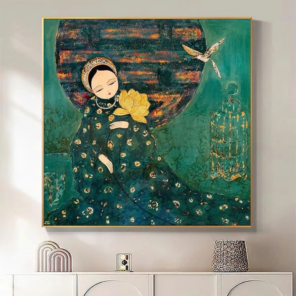Tranh treo tường in canvas cô gái việt xưa Indochine art 70 x 70 cm