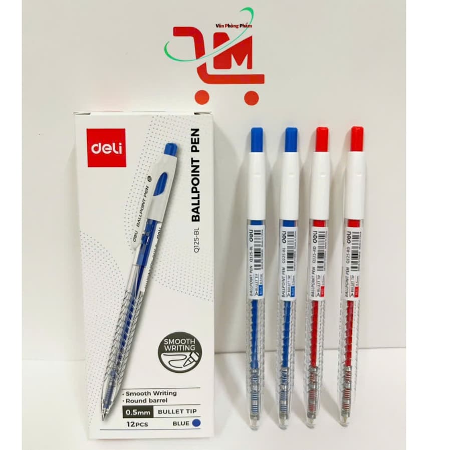 Hộp 12 Cây Bút Bi Q125 DELI Ngòi 0.5MM Mực Xanh, Đỏ, Đen/ Màu Mực Đẹp, Kiểu Dáng Đẹp, Ngòi Viết Êm, Chất Lượng Tốt