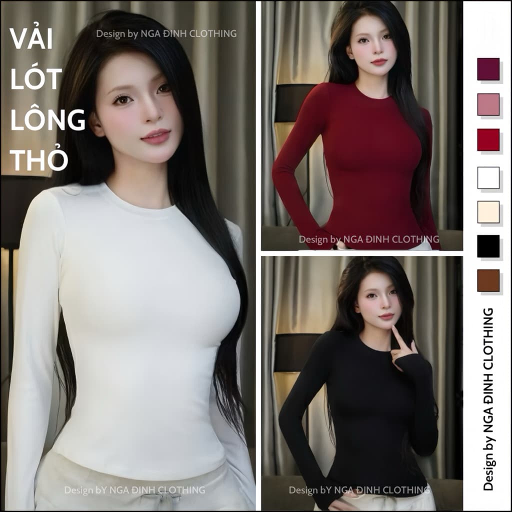 Áo thun nữ dài tay cổ tròn lót lông thỏ NGA ĐINH CLOTHING áo giữ nhiệt ôm body chất cotton cao cấp mềm mịn co dãn