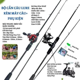 Bộ Combo Cần Câu Lure Sói Đen Máy Đứng Máy Ngang Carbon Siêu Nhẹ Dài 1m65 1m8 2m1 Câu Cá To 5Kg 1
