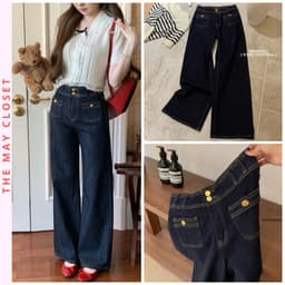 [𝑻𝒉𝒆𝑴𝒂𝒚 x 𝐖𝐆𝐖𝐄] Quần Jean Suông WG.WE 7436, Quần Jean Nữ Ống Rộng Lưng Cao Phối Túi Trước Co Giãn Giúp Tôn Dáng 1