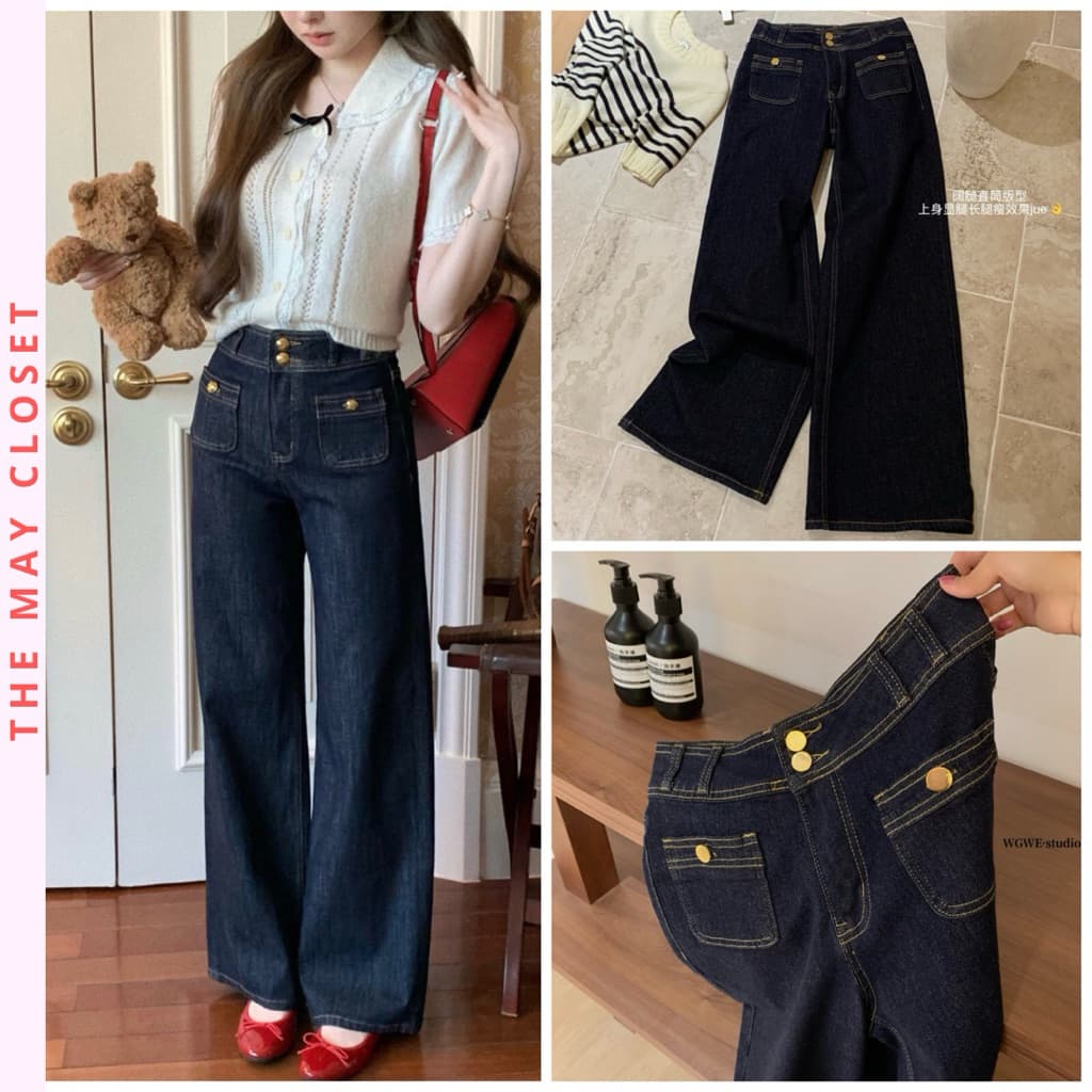 [𝑻𝒉𝒆𝑴𝒂𝒚 x 𝐖𝐆𝐖𝐄] Quần Jean Suông WG.WE 7436, Quần Jean Nữ Ống Rộng Lưng Cao Phối Túi Trước Co Giãn Giúp Tôn Dáng