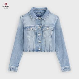 Áo khoác jean croptop nữ GENVIET JEANS 1 lớp in chữ vải denim cao cấp tôn dáng thanh lịch basic 9061 4