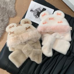 Mũ lông 3in1 Tai Gấu Họa Tiết Nơ Dễ Thương. Mũ lông Thỏ Kèm khăn 🍀🍀🍀 1