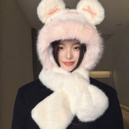 Mũ lông 3in1 Tai Gấu Họa Tiết Nơ Dễ Thương. Mũ lông Thỏ Kèm khăn 🍀🍀🍀 6