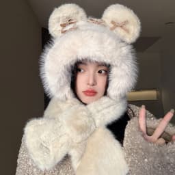 Mũ lông 3in1 Tai Gấu Họa Tiết Nơ Dễ Thương. Mũ lông Thỏ Kèm khăn 🍀🍀🍀 3