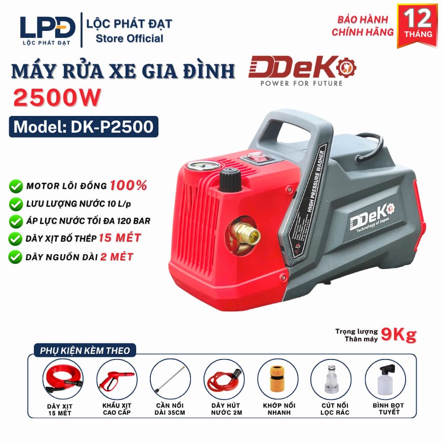 Máy rửa xe gia đình DEKO DK-P2500 Lõi Đồng 100%, Lưu Lượng 10 L/P, Có chỉnh áp dây xịt kẽm đen15 mét
