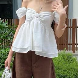 Tiany AT036: Áo Babydoll Trễ Vai Thiết Kế Nơ Ngực Màu Trắng Phong Cách Thời Trang Hàn Quốc KHÔNG MÚT Chất Liệu Thoải Mái 3