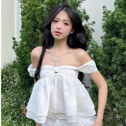Tiany AT036: Áo Babydoll Trễ Vai Thiết Kế Nơ Ngực Màu Trắng Phong Cách Thời Trang Hàn Quốc KHÔNG MÚT Chất Liệu Thoải Mái 1