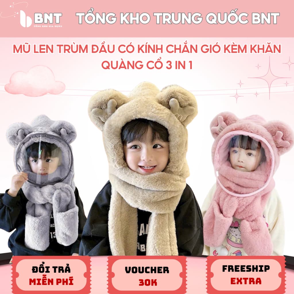 Mũ Len Trùm Đầu Có Kính Chắn Gió Kèm Khăn Quàng Cổ Và Găng Tay Cho Bé, Nón Len Lông Cừu Có Bao Tay Cho Bé
