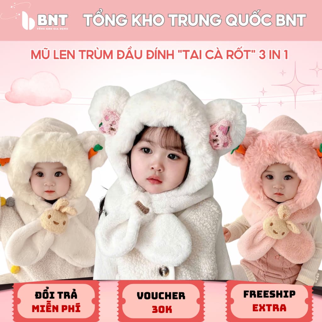 Mũ Len Trùm Đầu Đính "Tai Cà Rốt" -, Nón Len Liền Khăn Quàng Lông Thỏ Giữ Ấm Mùa Đông Đáng Yêu Cho Bé. ..
