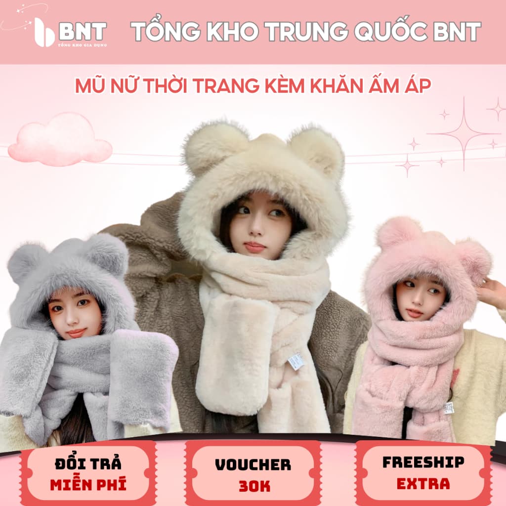 Mũ nữ thời trang kèm khăn ấm áp, chất dày mềm mịn, kiểu dáng mới tiện lợi cho mùa đông
