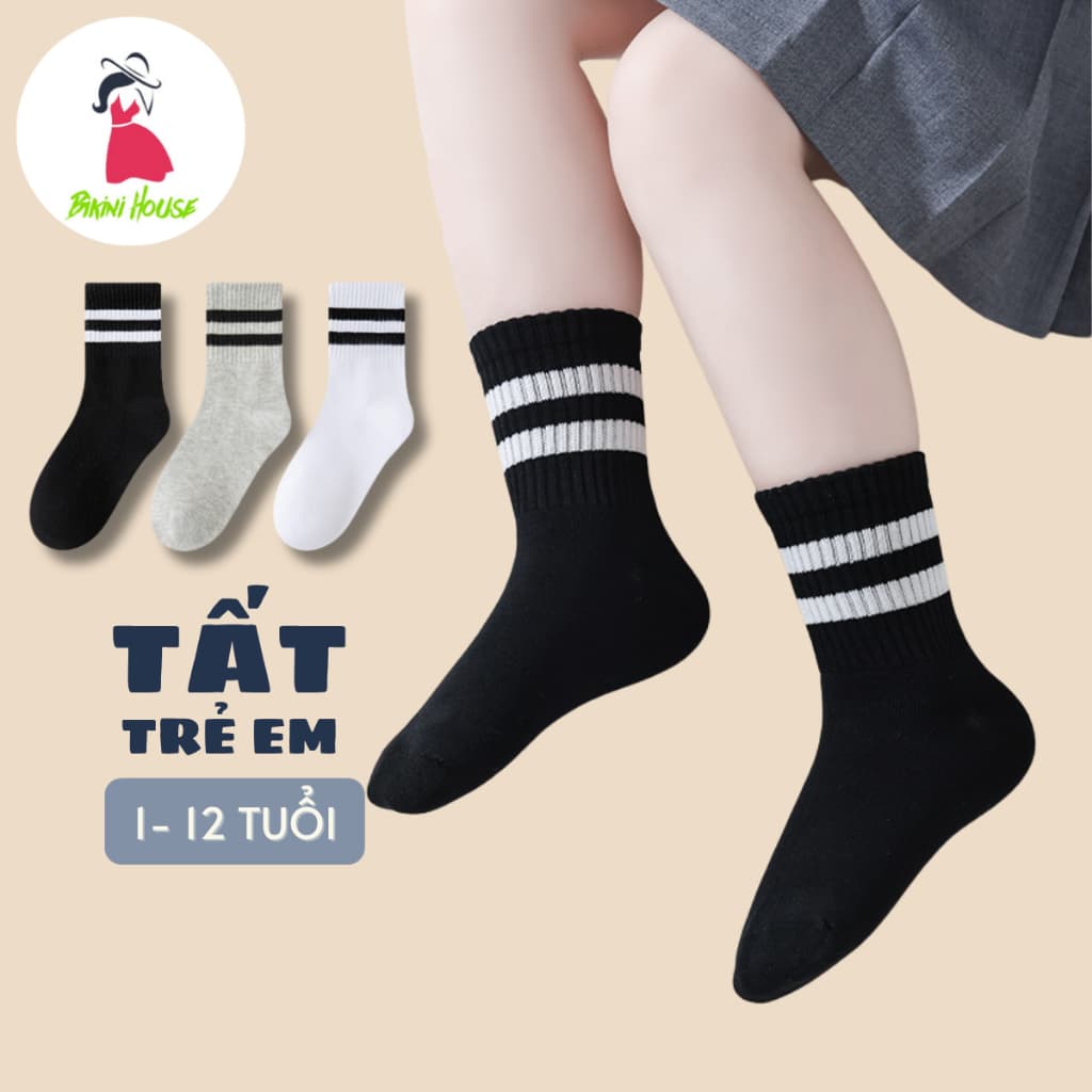 Sét 10 Đôi Tất Cotton Cổ Cao Kẻ Sọc Đen Trắng Cho Bé Trai Bé Gái Từ 1-12 Tuổi te133