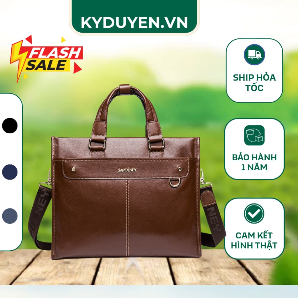 Cặp da nam doanh nhân SAPOLNEY, túi xách nam công sở phom ngang, chất da mềm chống xước, màu nâu/đen
