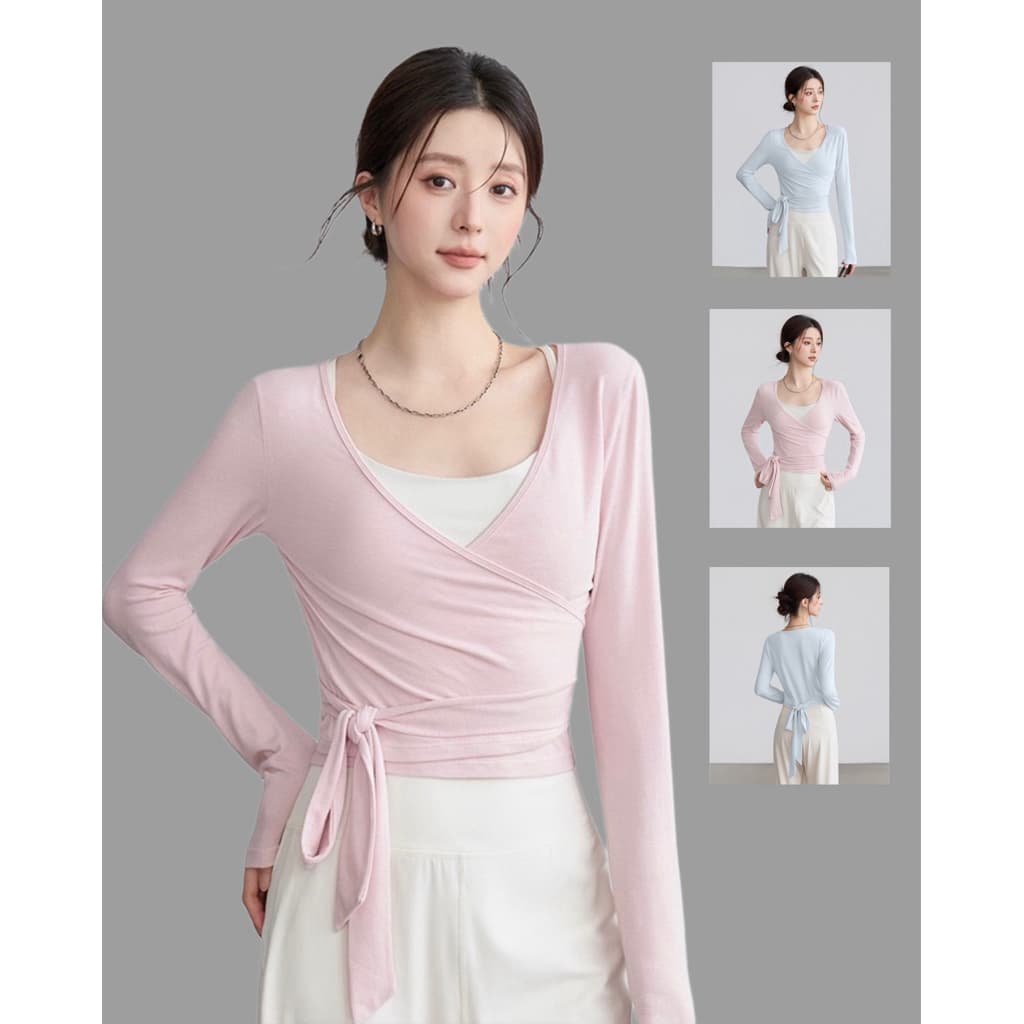 [Hoả Tốc Sẵn]Áo Dài Tay Mặc Ngoài Áo Bra Tập Thể Thao Cổ V Sâu Thun Mềm Buộc Eo Chéo Nữ Tính