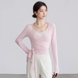 [Hoả Tốc Sẵn]Áo Dài Tay Mặc Ngoài Áo Bra Tập Thể Thao Cổ V Sâu Thun Mềm Buộc Eo Chéo Nữ Tính 6