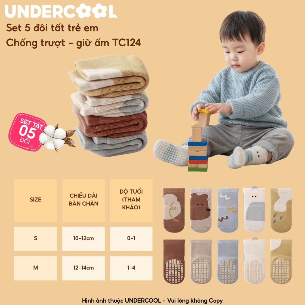 Set 5 đôi tất chống trượt cho bé tập đi họa tiết gấu UNDERCOOL combo 5 đôi Vớ trẻ em 0-4 tuổi giữ ấm co giãn TC124