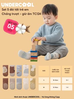 Set 5 đôi tất chống trượt cho bé tập đi họa tiết gấu UNDERCOOL combo 5 đôi Vớ trẻ em 0-4 tuổi giữ ấm co giãn TC124 10