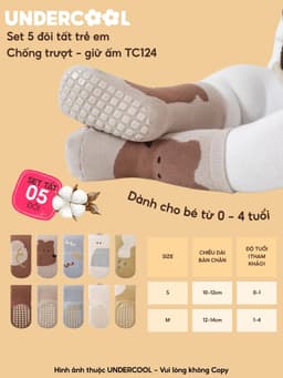 Set 5 đôi tất chống trượt cho bé tập đi họa tiết gấu UNDERCOOL combo 5 đôi Vớ trẻ em 0-4 tuổi giữ ấm co giãn TC124 15