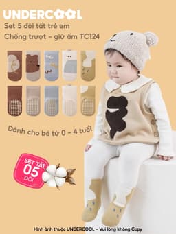 Set 5 đôi tất chống trượt cho bé tập đi họa tiết gấu UNDERCOOL combo 5 đôi Vớ trẻ em 0-4 tuổi giữ ấm co giãn TC124 11