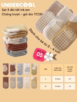 Set 5 đôi tất chống trượt cho bé tập đi họa tiết gấu UNDERCOOL combo 5 đôi Vớ trẻ em 0-4 tuổi giữ ấm co giãn TC124 16