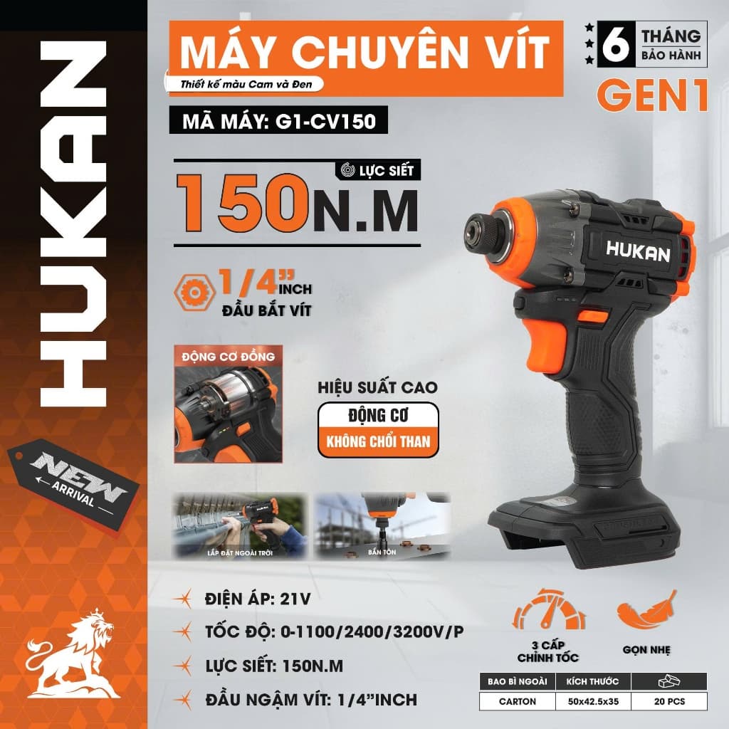 Máy chuyên vít có búa HUKAN G1-CV150, Lực siết 150Nm, 3 cấp chỉnh tốc motor đồng, Chân pin phổ thông