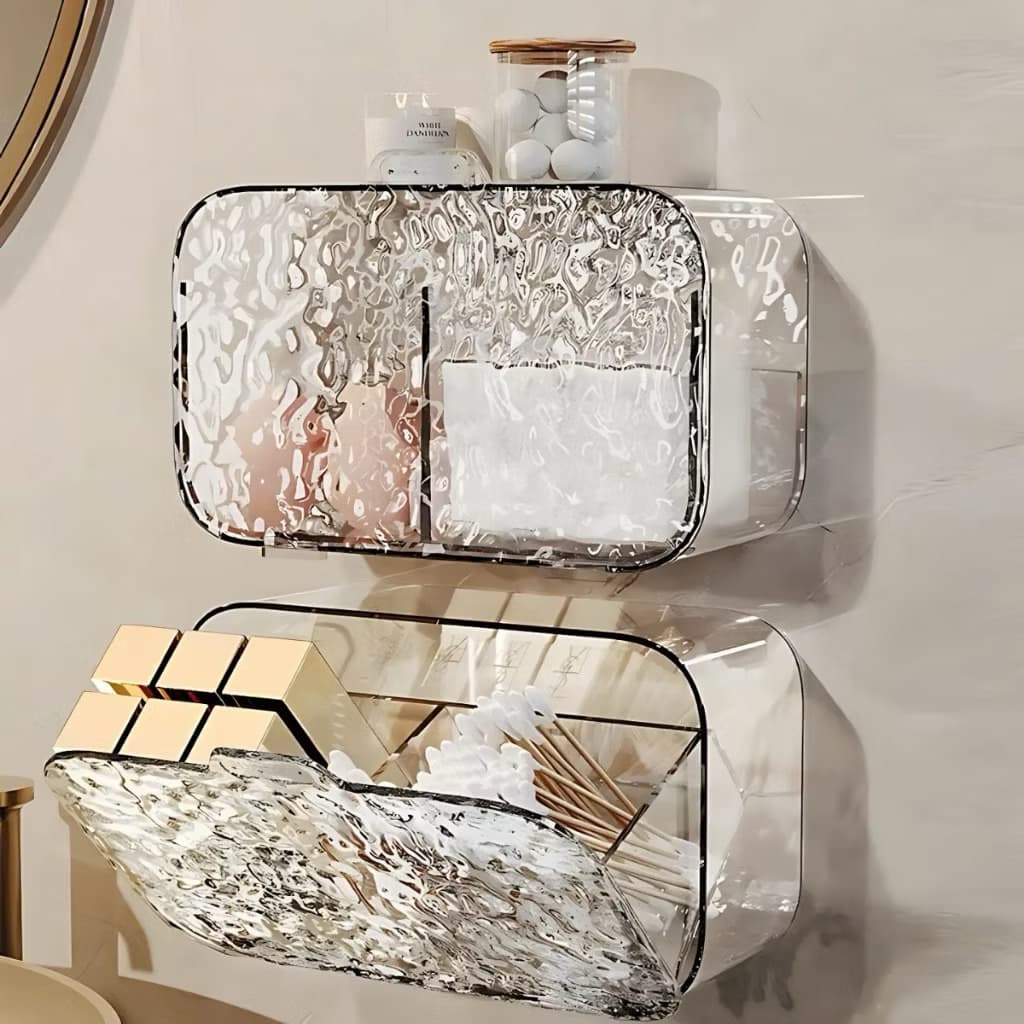 Hộp đựng bông tẩy trang 2 ngăn treo tường trong suốt vân sần STORAGE sang trọng decor phòng tắm (kèm miếng dán)