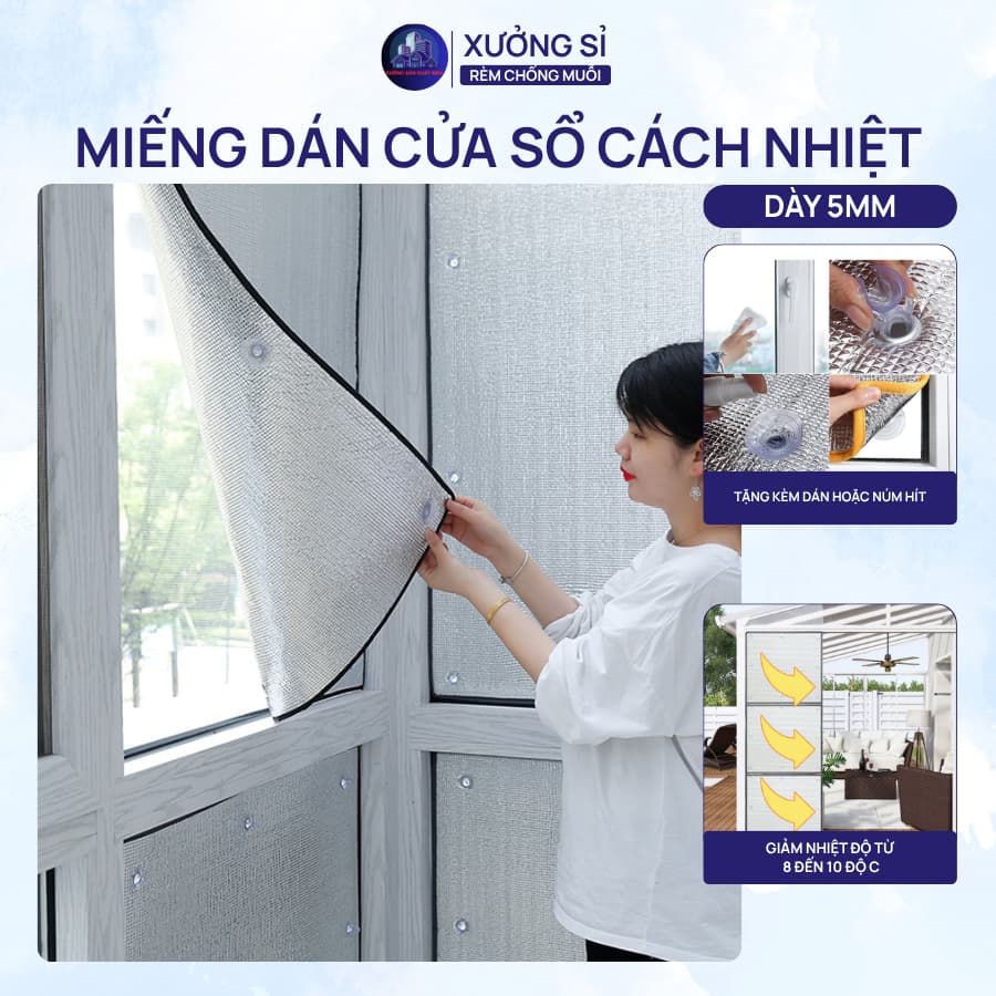 Miếng Dán Cửa Sổ Cách Nhiệt Lá Nhôm Dày 5mm Chống Nắng Nóng Tia UV – Tặng Kèm Dán Hoặc Núm Hít