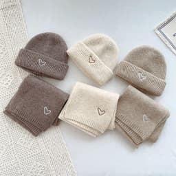 Mũ Đa Năng Chống Lạnh Chống Gió Bộ Trẻ Em Thêu Trái Tim Mùa Đông Beanie Khăn Bộ Bé Gái Bé Trai Dệt Kim Len Ấm 9