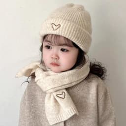 Mũ Đa Năng Chống Lạnh Chống Gió Bộ Trẻ Em Thêu Trái Tim Mùa Đông Beanie Khăn Bộ Bé Gái Bé Trai Dệt Kim Len Ấm 3