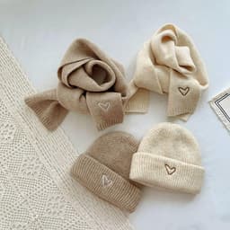Mũ Đa Năng Chống Lạnh Chống Gió Bộ Trẻ Em Thêu Trái Tim Mùa Đông Beanie Khăn Bộ Bé Gái Bé Trai Dệt Kim Len Ấm 5