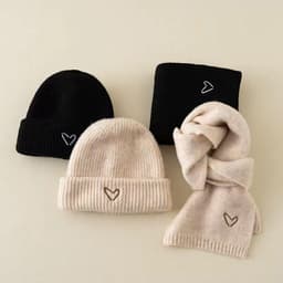 Mũ Đa Năng Chống Lạnh Chống Gió Bộ Trẻ Em Thêu Trái Tim Mùa Đông Beanie Khăn Bộ Bé Gái Bé Trai Dệt Kim Len Ấm 4
