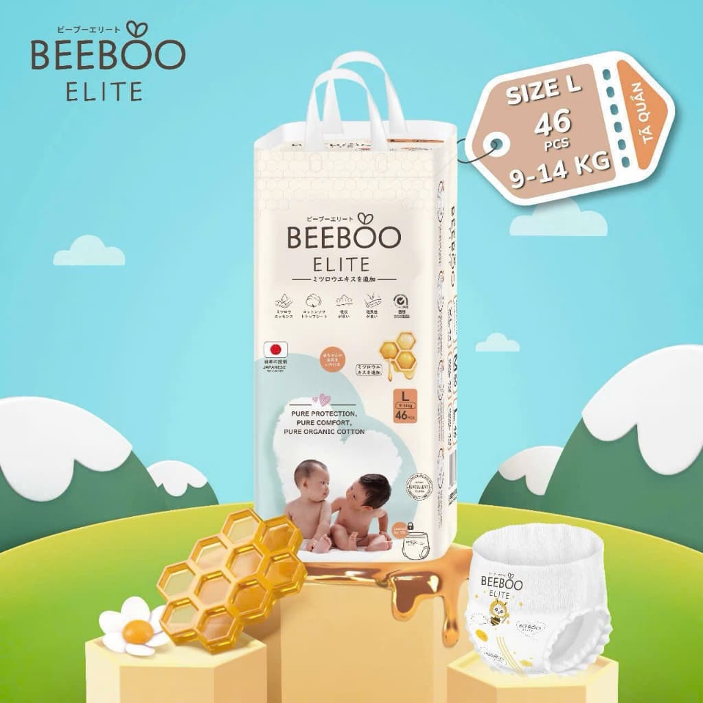 Bịch [Tã Quần/Tã Dán] Beeboo Elite Siêu Thấm - Tinh Chất Sáp Ong Trắng | Siêu Mềm Mịn, Chống Hăm, Khô Thoáng 12h