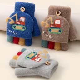 Găng tay len dệt kim nửa ngón tay hình máy xúc mùa đông dành cho bé trai & Gái mẫu giáo dễ thương chống lạnh áp 8