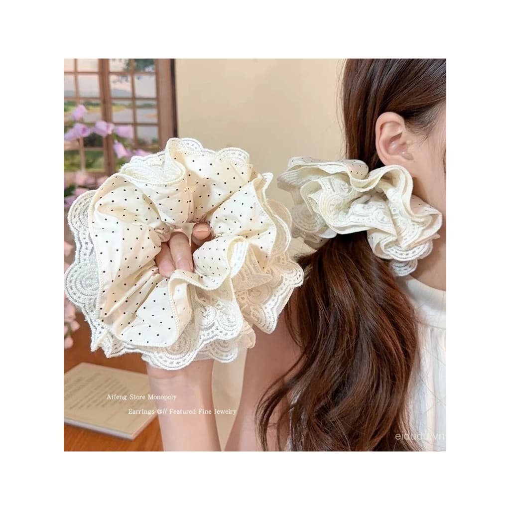 Scrunchie Cột Tóc Nữ Phong Cách Hàn Quốc, Ren Chấm Bi, Dây Cao Su,cột tóc nữ thời trang Hàn Quốc