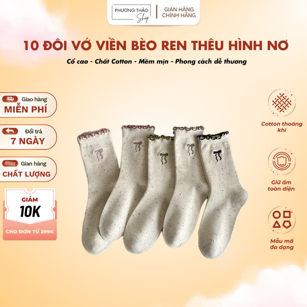Set 10 Đôi Vớ Nữ Cổ Cao Cotton Viền Bèo Ren Thêu Hình Nơ Nhỏ Xinh - Tất Cổ Bèo Thanh Lịch Dễ Phối Đồ Hàn Quốc