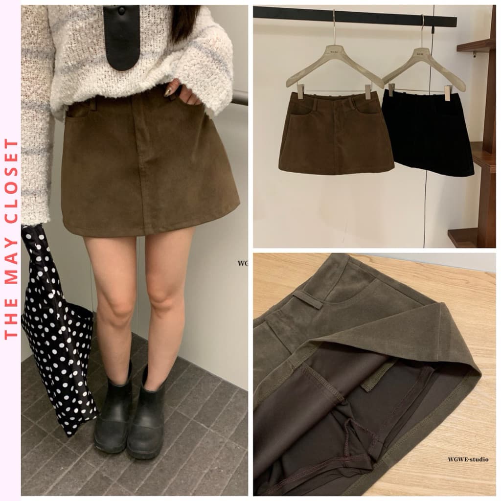 [𝑻𝒉𝒆𝑴𝒂𝒚 x 𝐖𝐆𝐖𝐄] Chân Váy Da Lộn Chữ A WG.WE 7221, Chân Váy Mini Nữ Dáng Ngắn 2 Lớp Màu Nâu Retro