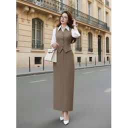 [VT251037] Set Bộ Công Sở Nữ Cao Cấp Áo Giả Gile Liền Cổ Tay Sơ Mi Chân Váy Dài Ôm Thanh Lịch 6