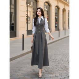 [VT251043] Đầm Công Sở Dáng Dài Giả Yếm Phối Sơ Mi Tôn Dáng Thanh Lịch Cao Cấp 5