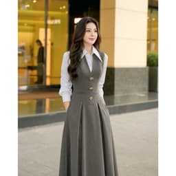 [VT251043] Đầm Công Sở Dáng Dài Giả Yếm Phối Sơ Mi Tôn Dáng Thanh Lịch Cao Cấp 3