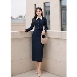 [VT251112] Set Bộ Công Sở Nữ Cao Cấp Áo Phối Cổ Trắng Chân Váy Dài Tôn Dáng Thanh Lịch 4