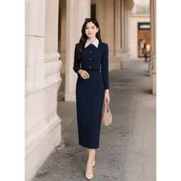 [VT251112] Set Bộ Công Sở Nữ Cao Cấp Áo Phối Cổ Trắng Chân Váy Dài Tôn Dáng Thanh Lịch 3