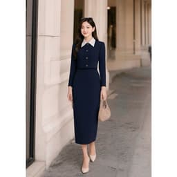 [VT251112] Set Bộ Công Sở Nữ Cao Cấp Áo Phối Cổ Trắng Chân Váy Dài Tôn Dáng Thanh Lịch 5