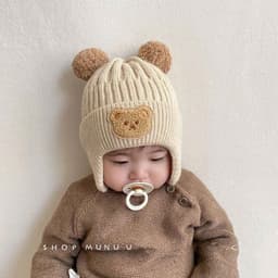Mũ Len cho bé từ 3 đến 18 tháng gấu 2D xinh xắn tai bông dễ thương 6