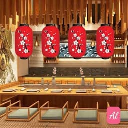 Đèn lồng trụ vải hoa đào đỏ trang trí decor Tết, nhà hàng truyền thống. 1